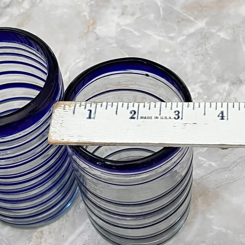 Mexican Hand Blown Drinking Glasses Set of 2 Cobalt Blue Spiral Thick Rim